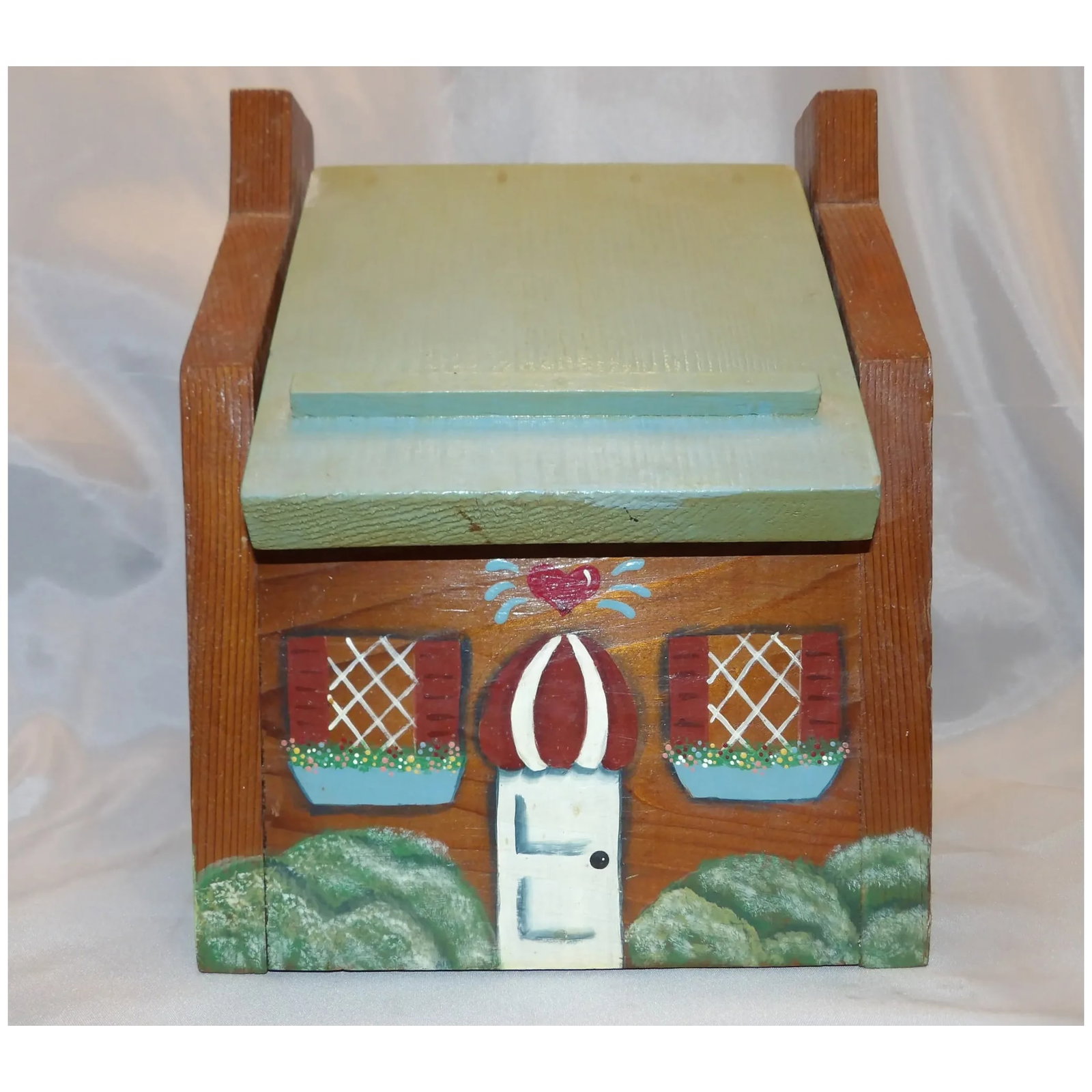 Vintage Folk Art Wood House Recipe Storage Box - 2
