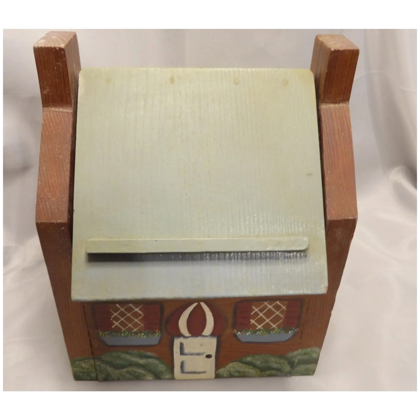 Vintage Folk Art Wood House Recipe Storage Box - 3