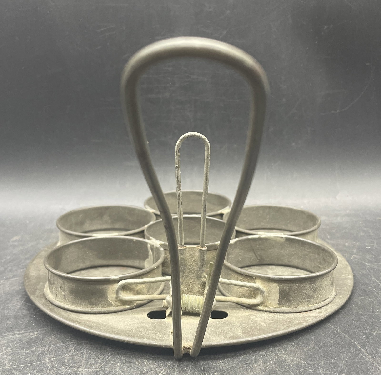 Primitive Tin Antique Poached Egg Maker, Spring Loaded Handle, 6 Rings - 5
