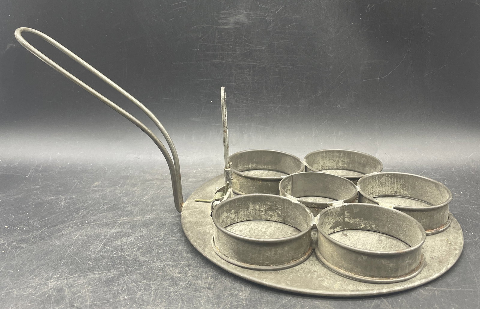 Primitive Tin Antique Poached Egg Maker, Spring Loaded Handle, 6 Rings - 6