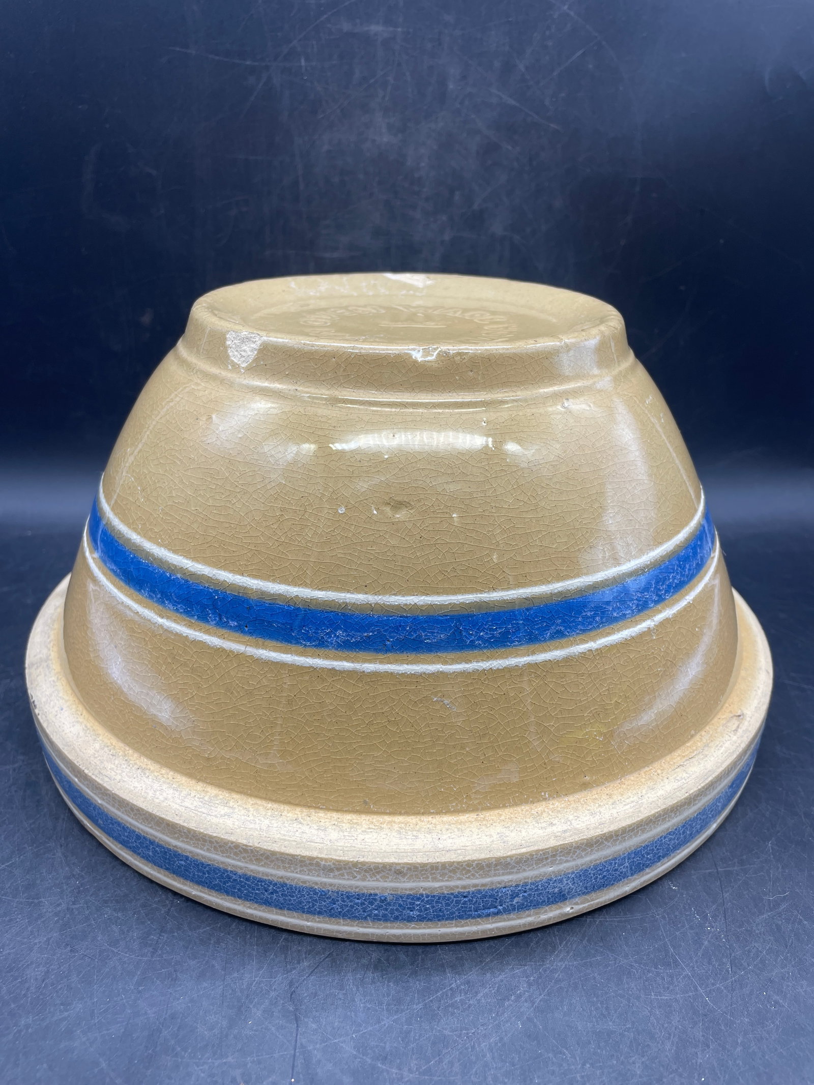 Antique Yellow Ware Blue & White Striped Banded 10 1/2" Stoneware Mixing Bowl - 6