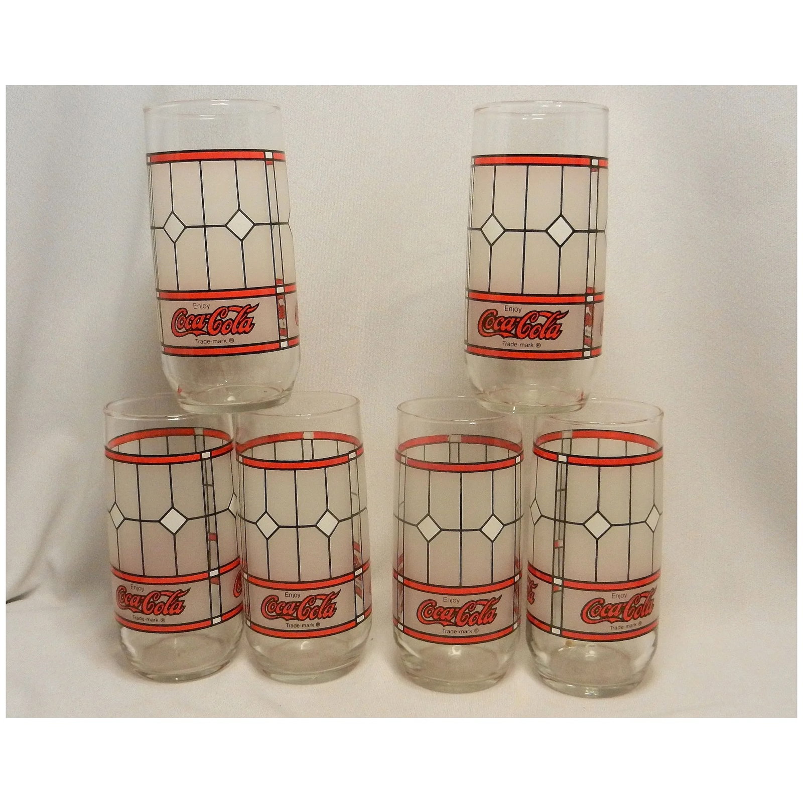 6 Libby Coca Cola Tumblers Stained Glass Frosted Panel 16oz Glass - 2