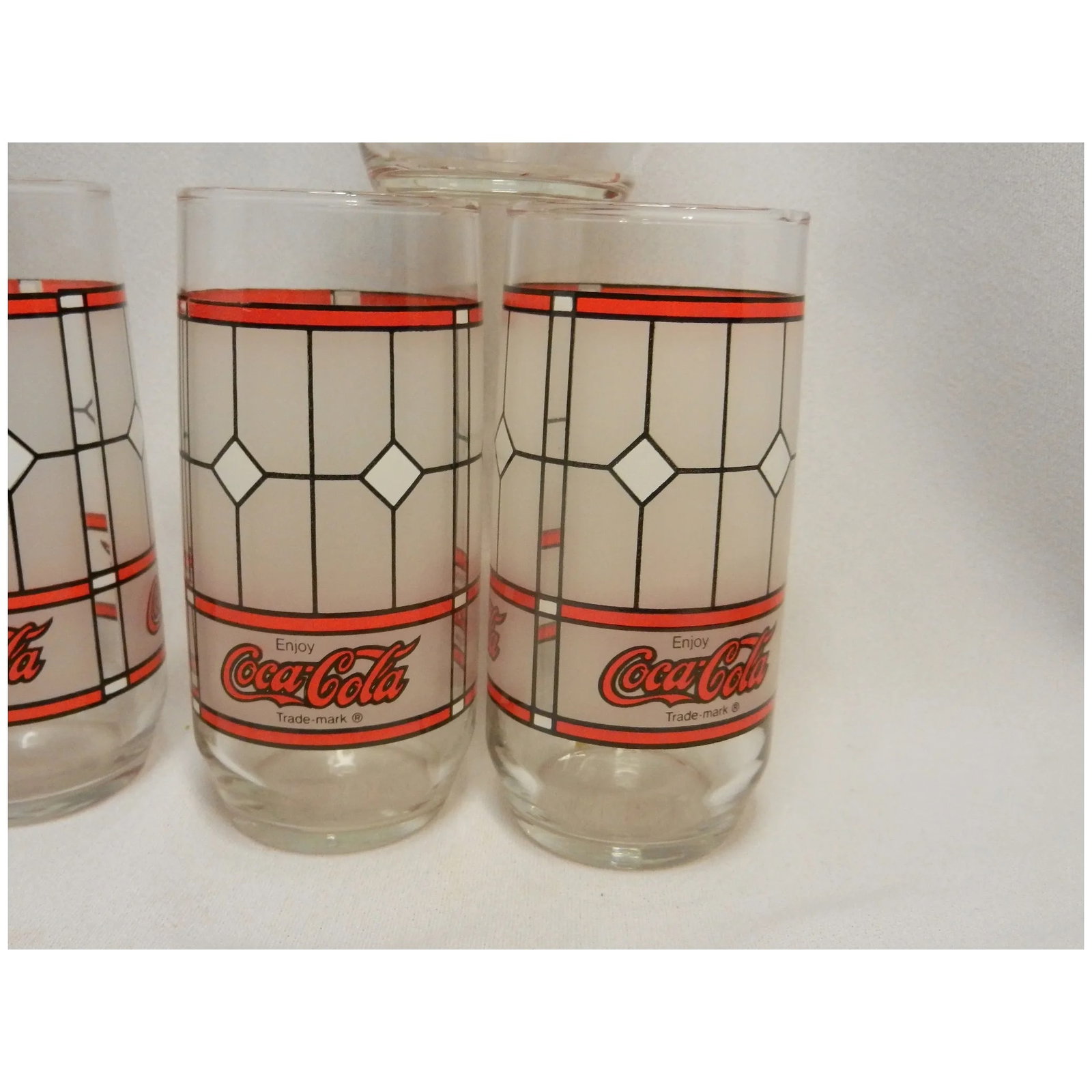 6 Libby Coca Cola Tumblers Stained Glass Frosted Panel 16oz Glass - 3