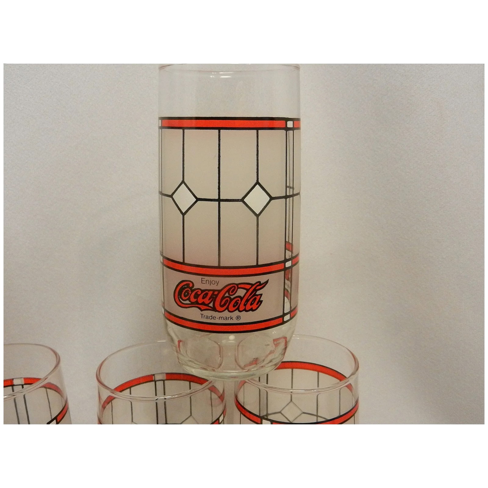 6 Libby Coca Cola Tumblers Stained Glass Frosted Panel 16oz Glass - 4