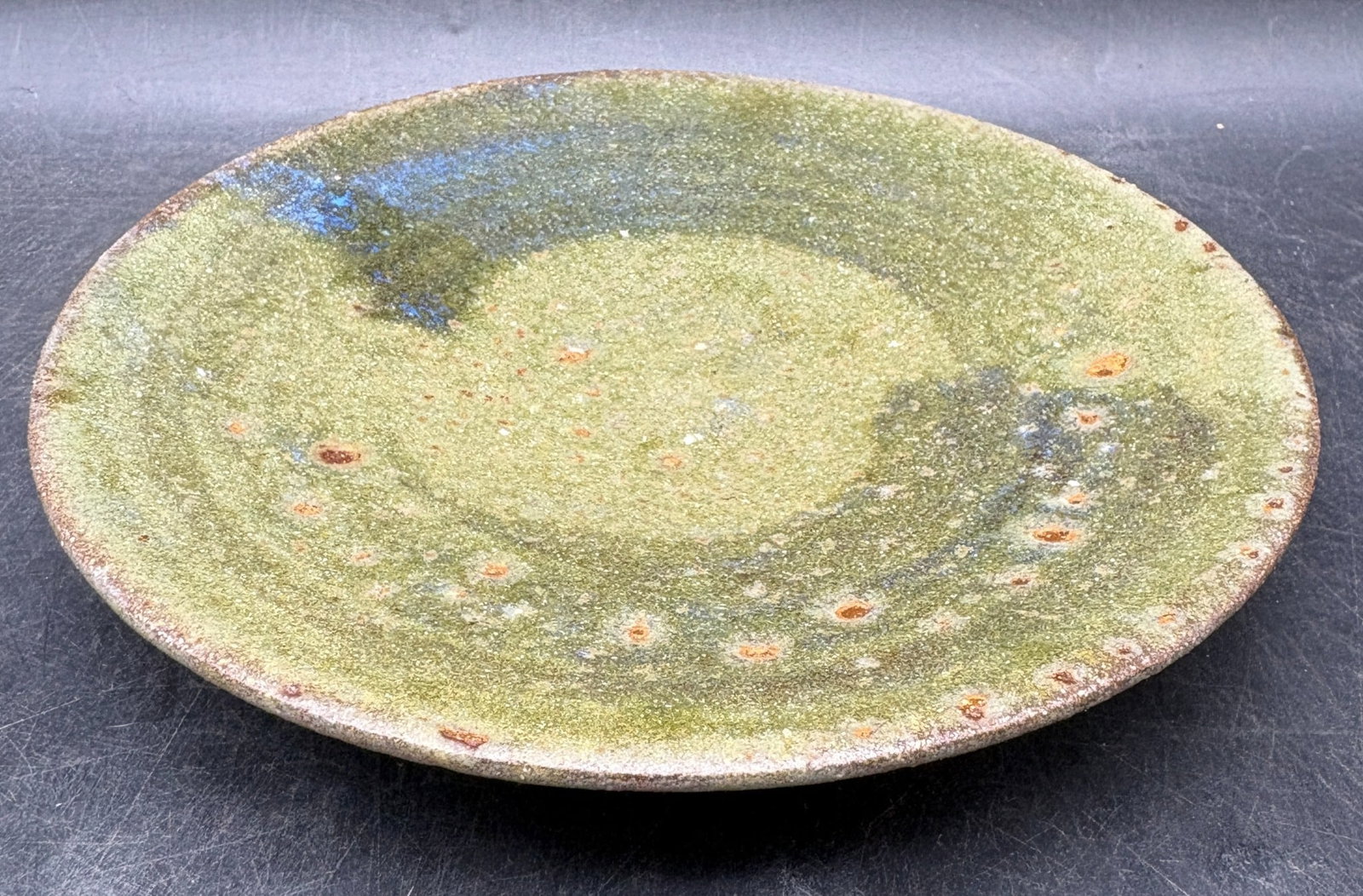 Signed Studio Pottery Shallow Bowl Plate Green Blue Glaze Ami Mami Amir 7in - 2