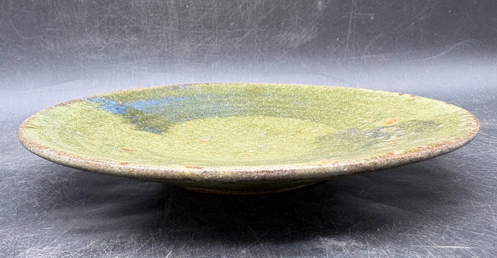 Signed Studio Pottery Shallow Bowl Plate Green Blue Glaze Ami Mami Amir 7in - 4