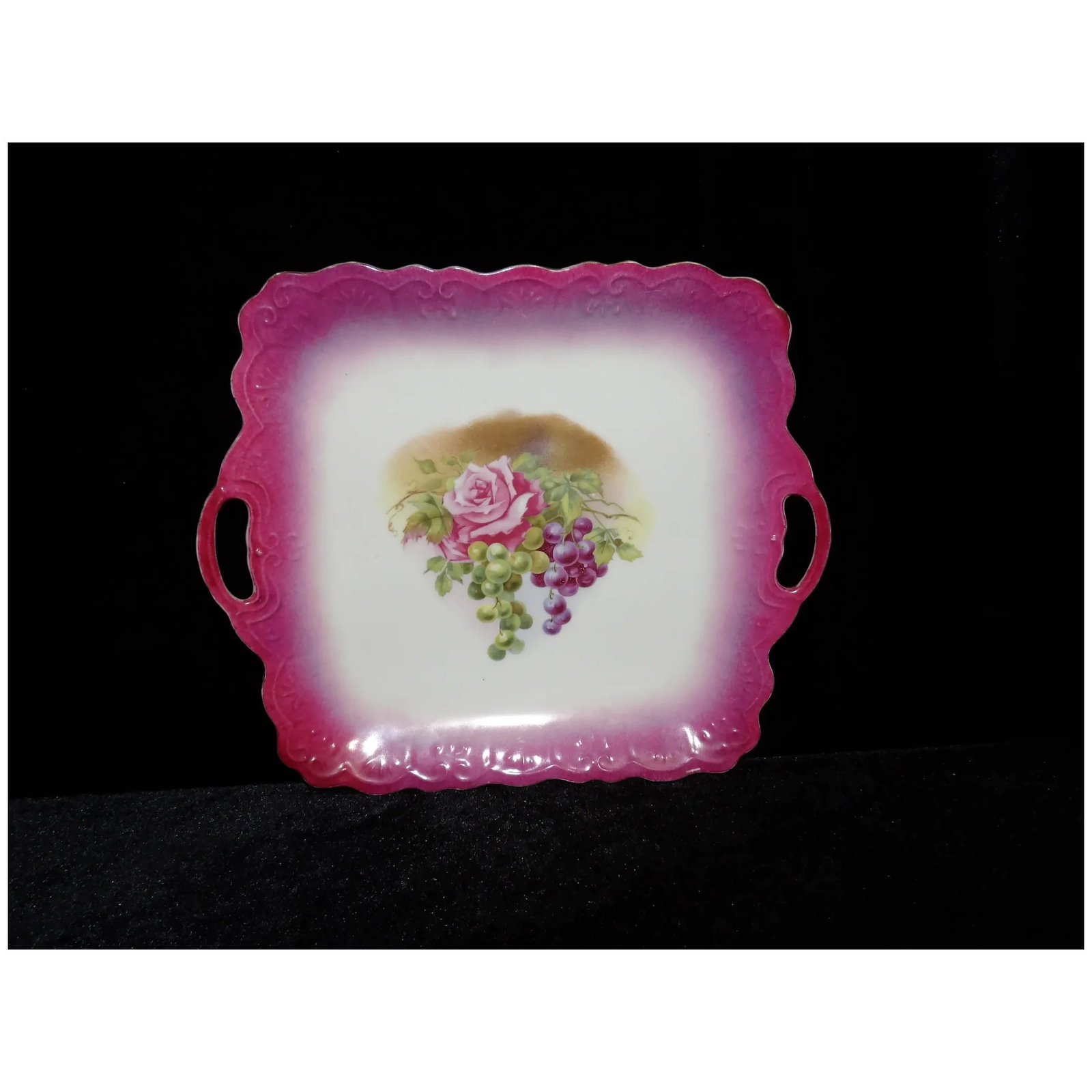 Antique PM Bavaria Square Handle Cake Plate with a Rose - 8