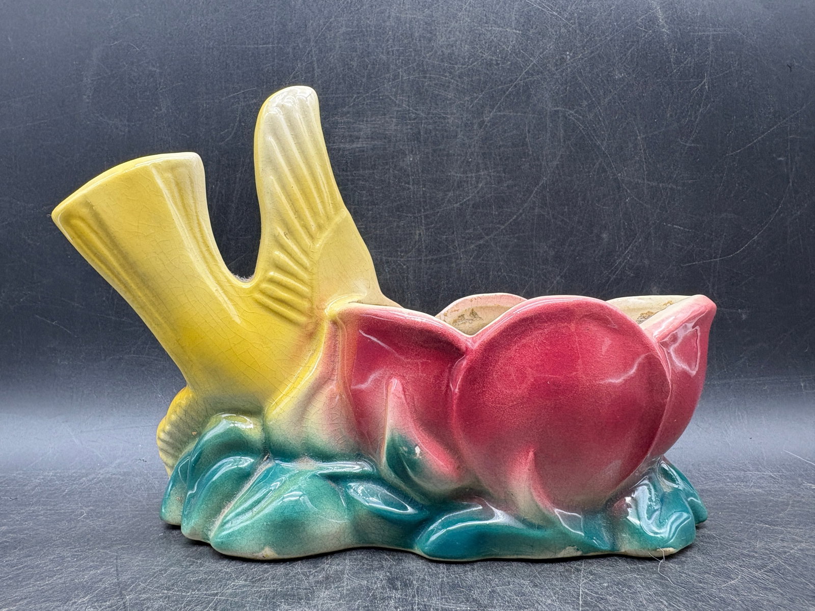 Vintage McCoy Bird Planter Yellow Green Red Tulip Mid Century Pottery USA - 5