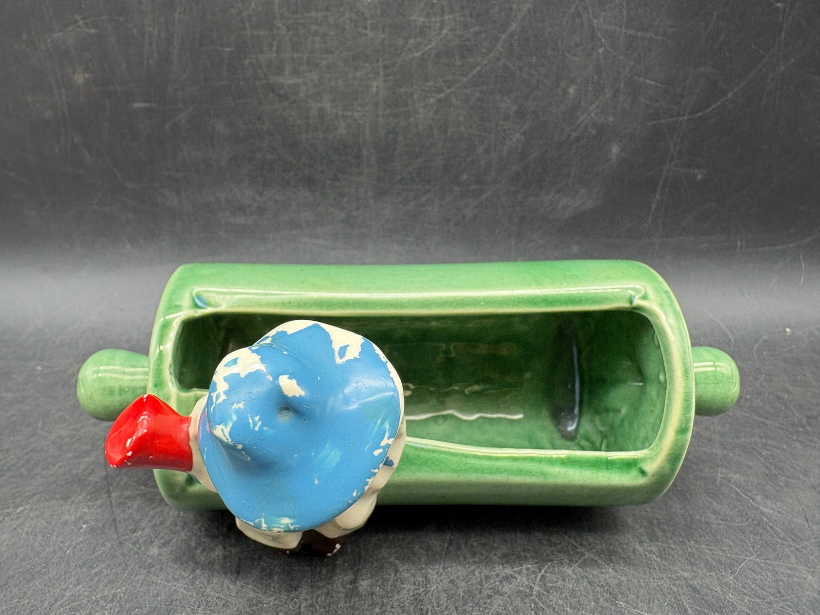 Vintage 1952 McCoy Rolling Pin Planter with Seated Farmer Figure Green Pottery - 7