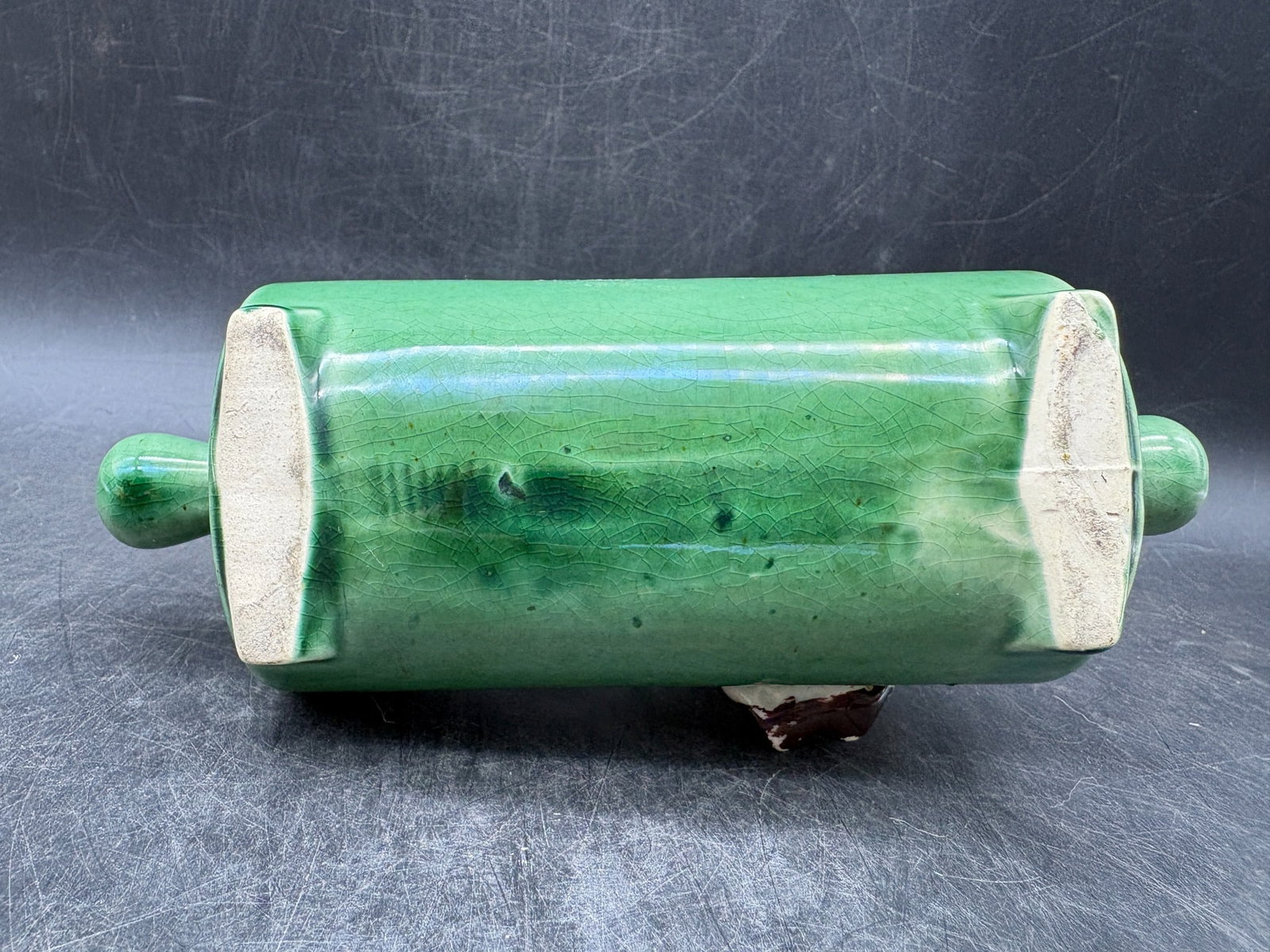 Vintage 1952 McCoy Rolling Pin Planter with Seated Farmer Figure Green Pottery - 8