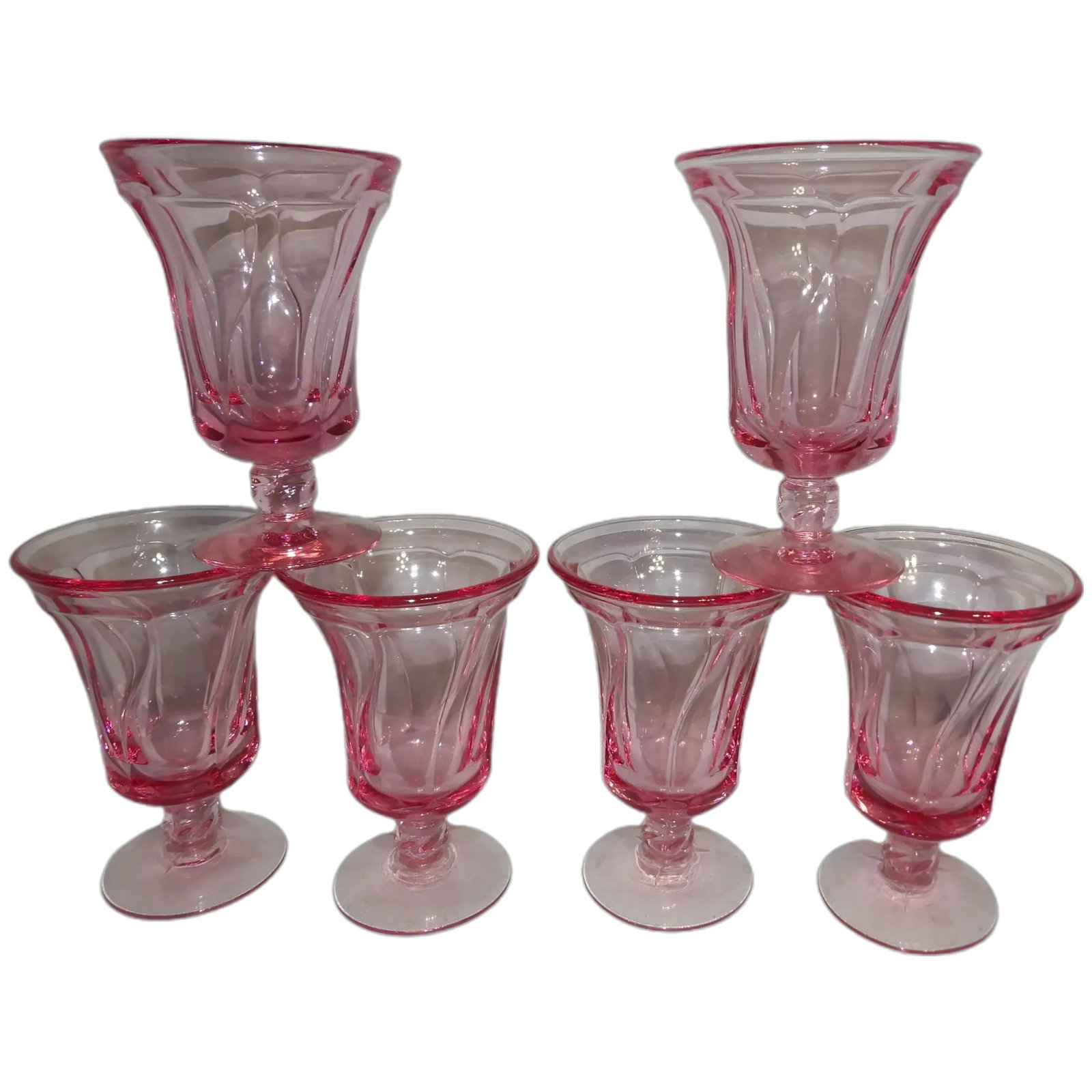 Fostoria Jamestown Pink Iced Tea Glass- 147494: This set 6 Fostoria Jamestown Pink Iced Tea Glasses are in excellent condition. NO chips, stains, or flea bites. They measure 6 1/8" x 4" w (at top). Jamestown was one of Fostoria's most popular patte