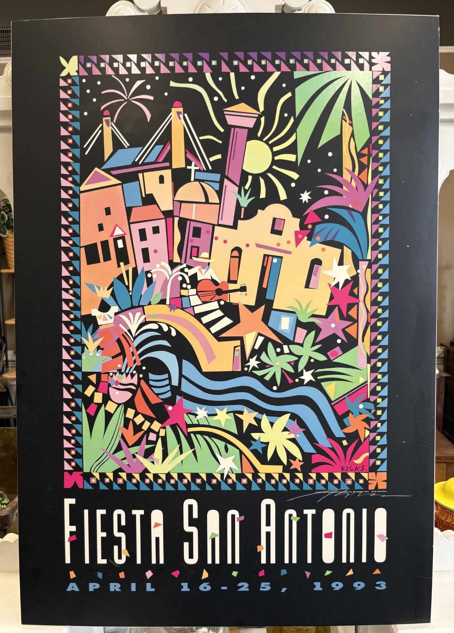 Signed 1993 Fiesta San Antonio Poster by Thom Ricks, Backed Large Format: Date/Period: 1993 Dimension: Approx. 32.25" x 22.5" Material: Offset lithograph on paper, backed Additional Information: Vibrant and highly collectible 1993 Fiesta San Antonio commemorative poster