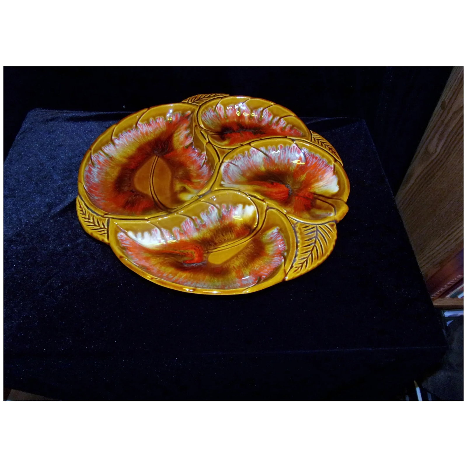 Vintage MCM Maurice of California Lava Fire Flame Round Leaf 14 inch Serving Dish - 2
