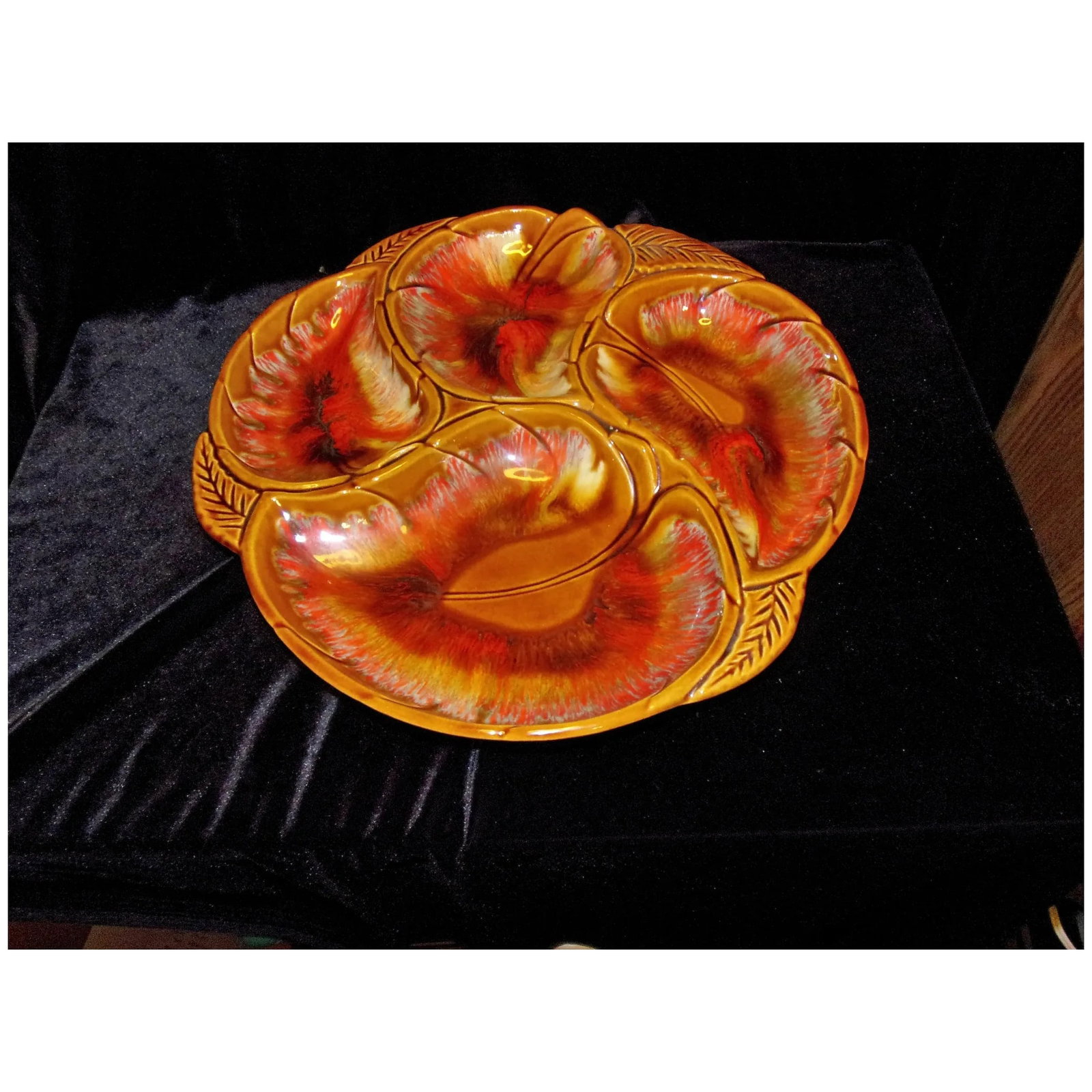 Vintage MCM Maurice of California Lava Fire Flame Round Leaf 14 inch Serving Dish - 4