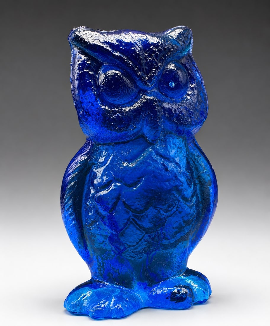 Vintage Blue Art Glass Owl Figurine Paperweight Scandinavian Style 3.5": Date/Period: unknown Dimension: --- Material: glass Additional Information: Striking vintage blue art glass owl figurine featuring a richly textured surface and deep cobalt-to-aqua coloration. This