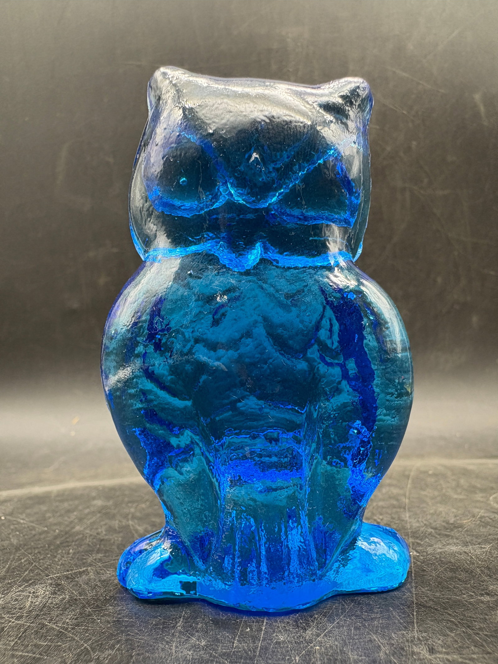 Vintage Blue Art Glass Owl Figurine Paperweight Scandinavian Style 3.5" - 3