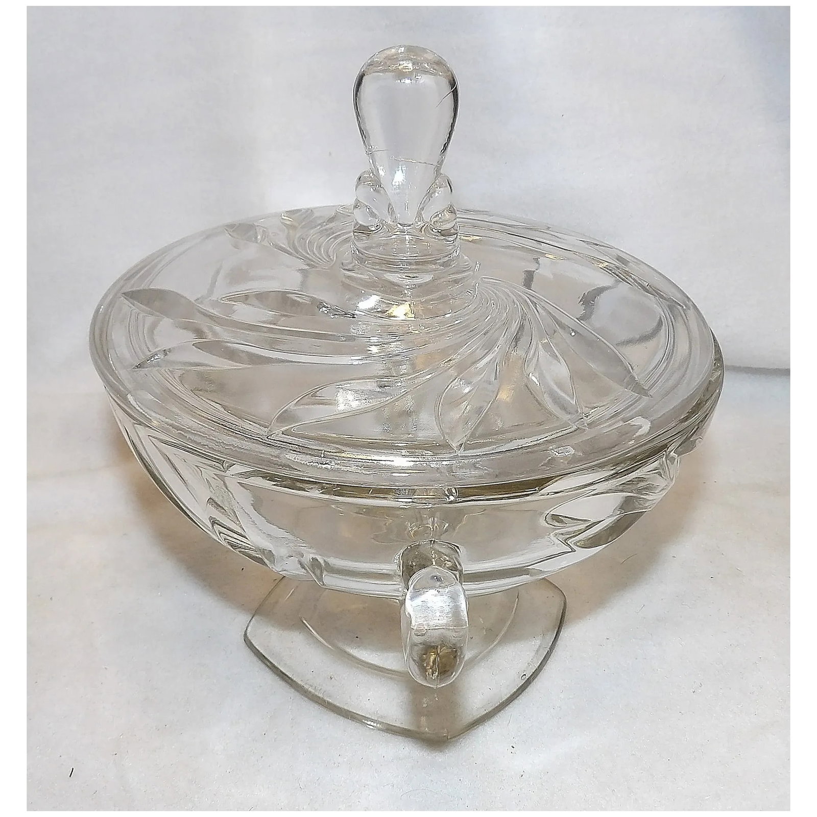 Vintage Clear Glass Round Pedestal Covered Candy Dish - 3