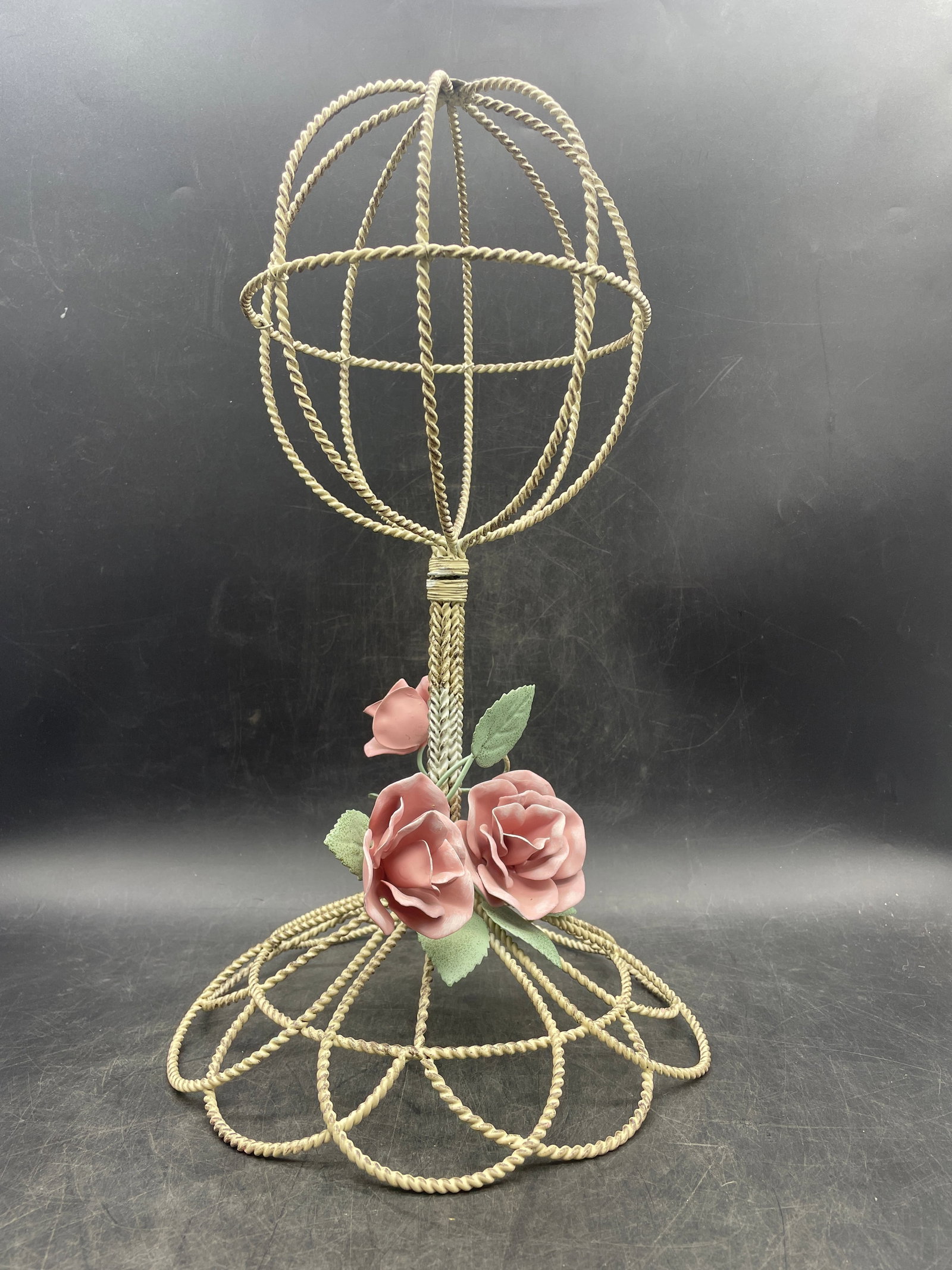 VTG Hat Stand Pink Roses Shabby Chic Cottage Wig Stand - 2