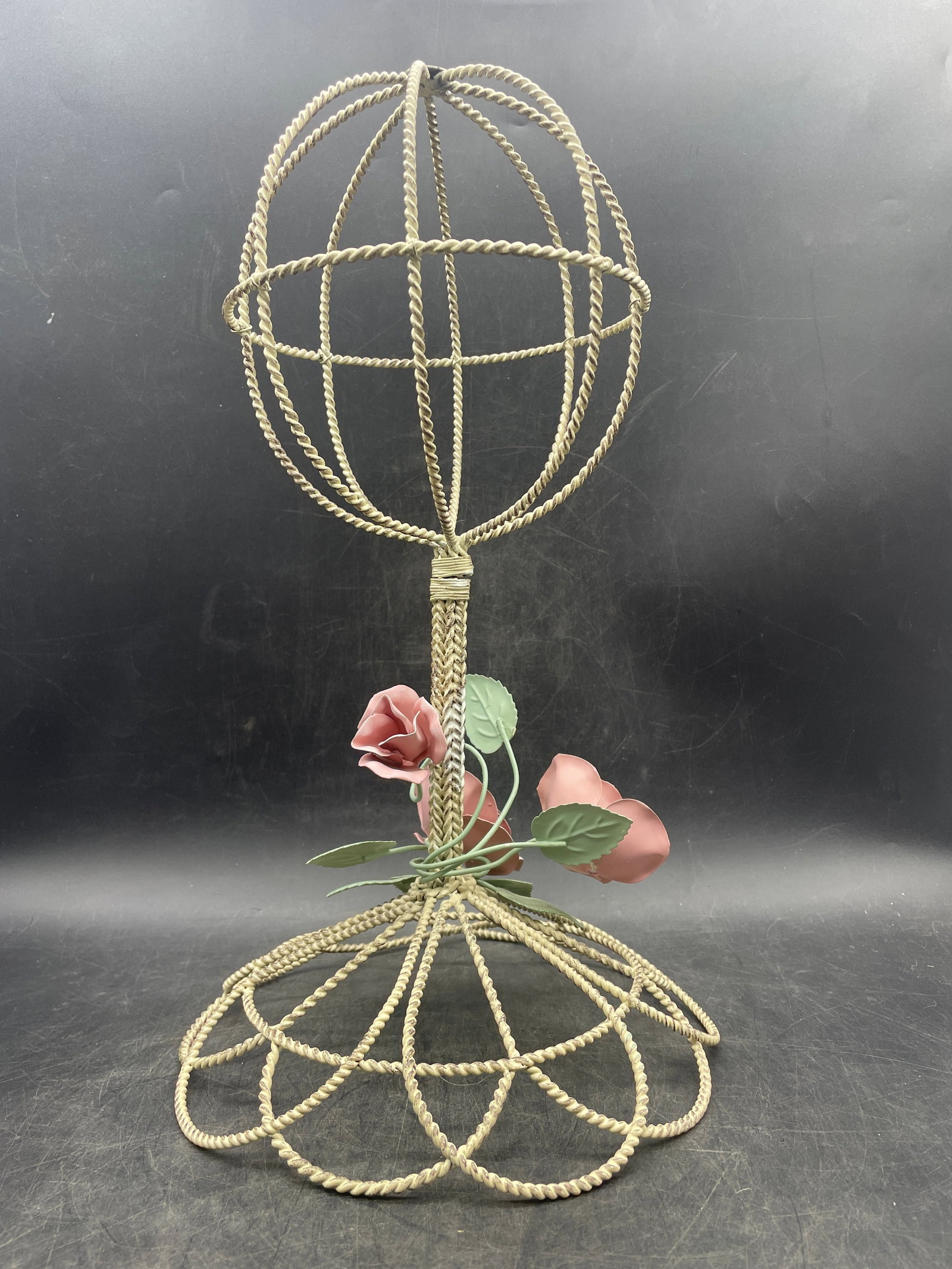 VTG Hat Stand Pink Roses Shabby Chic Cottage Wig Stand - 3