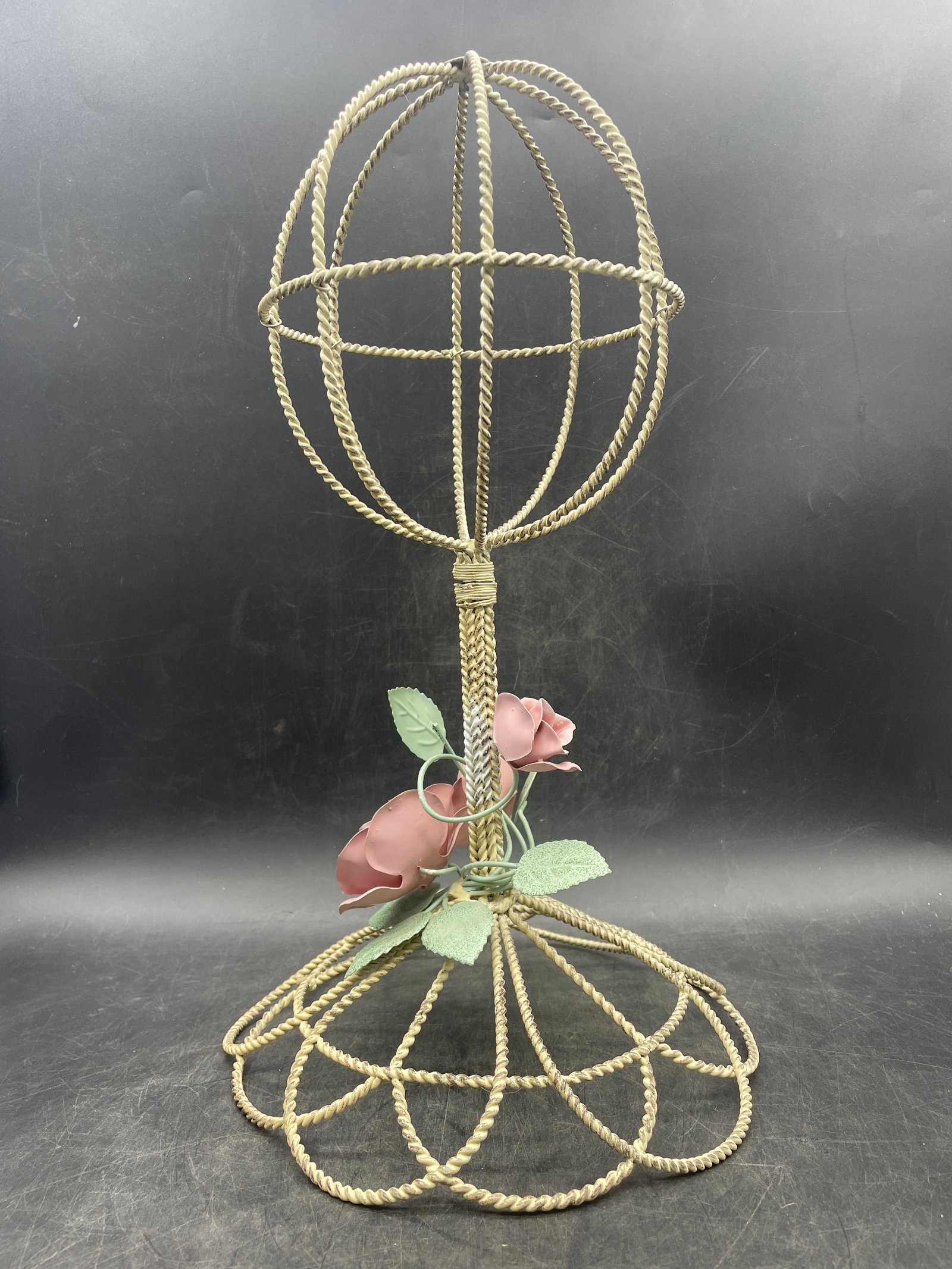 VTG Hat Stand Pink Roses Shabby Chic Cottage Wig Stand - 4