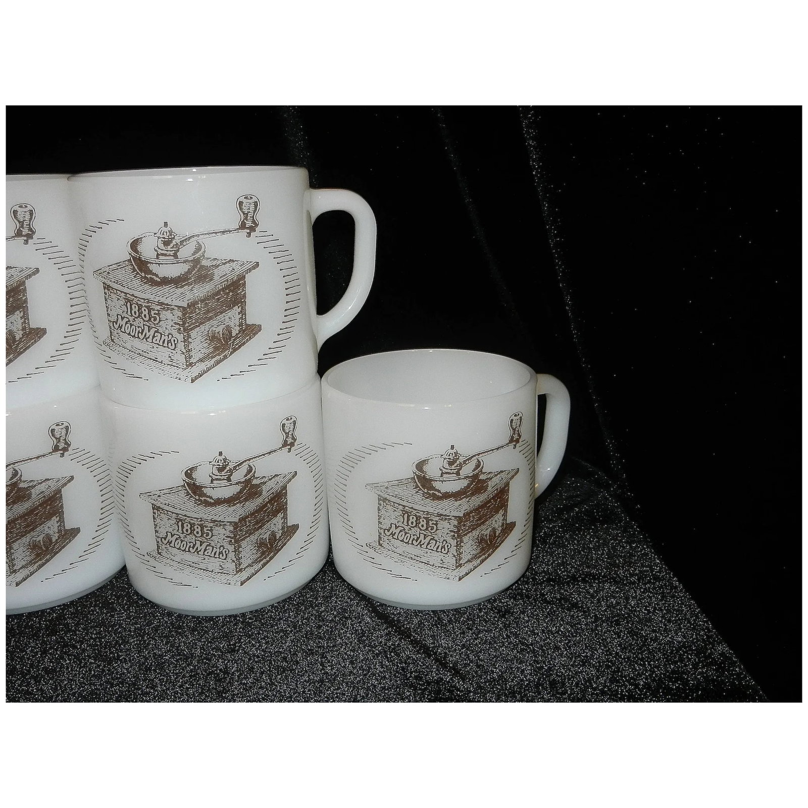 Vintage Federal Milk Glass 1885 MoorMan's Feed Coffee Grinder Coffee Mug Set - 3