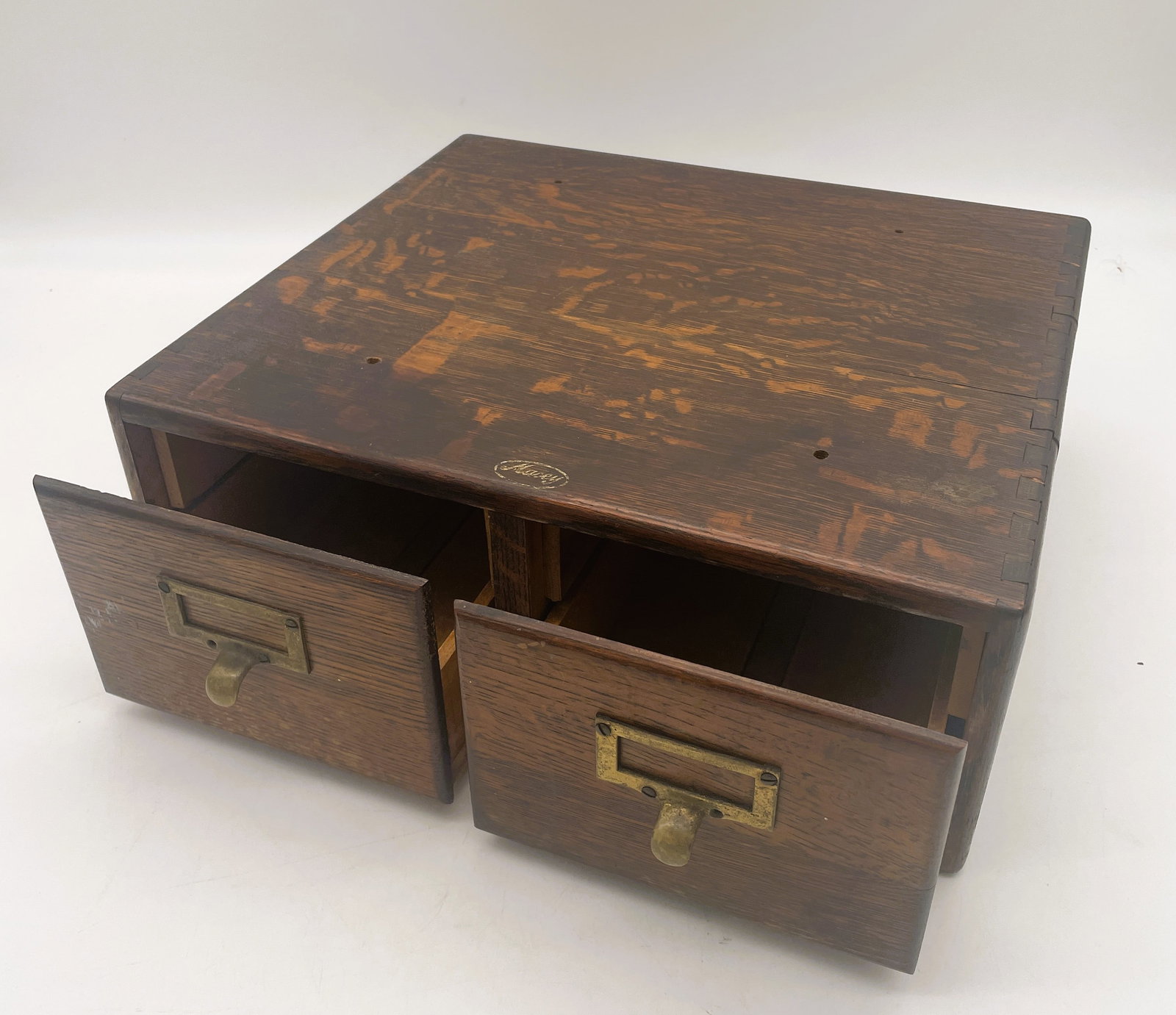 ANTIQUE LARGE MACY OAK 2 DRAWER DOVETAILED FILE BOX (1 of 8)