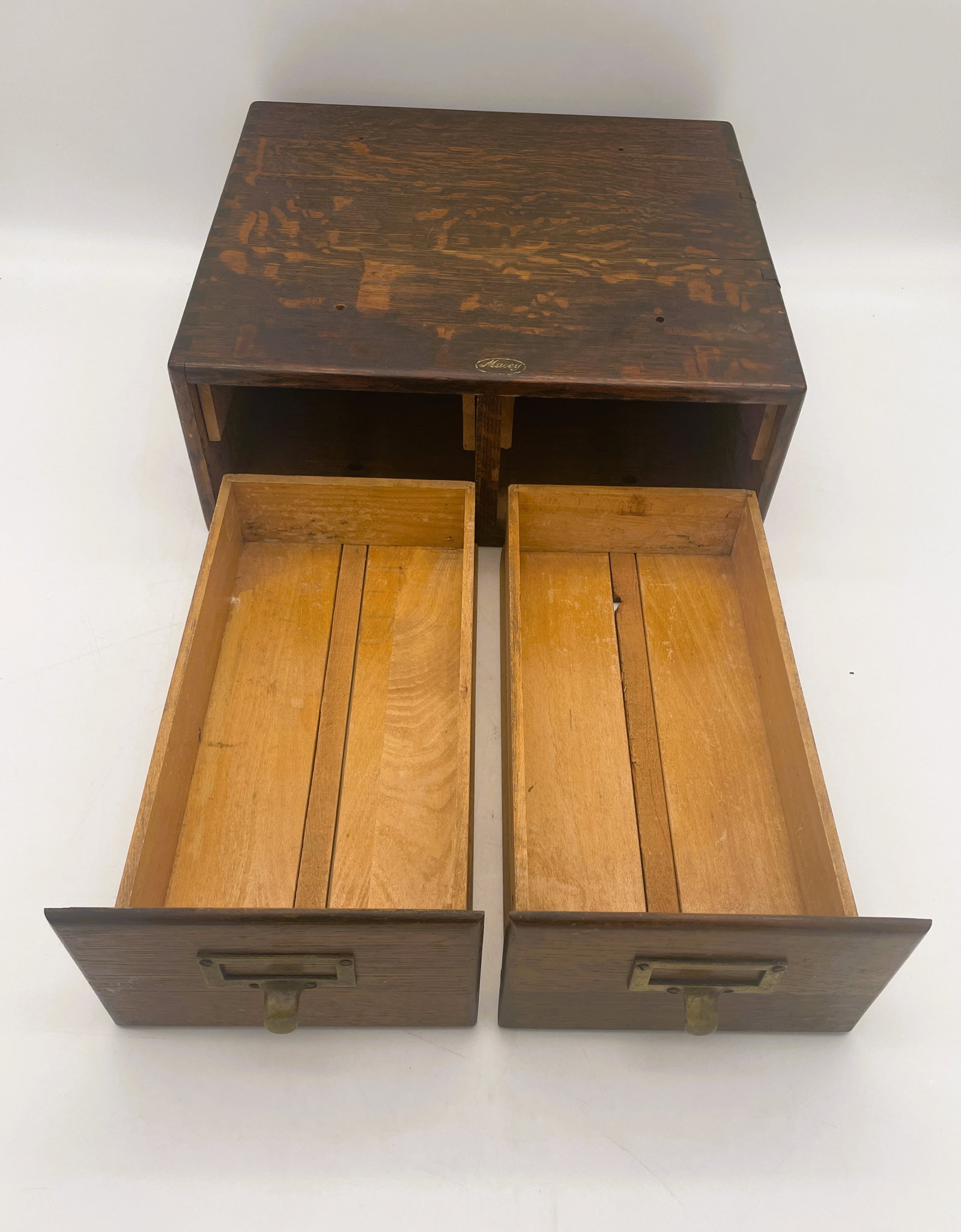 ANTIQUE LARGE MACY OAK 2 DRAWER DOVETAILED FILE BOX - 5
