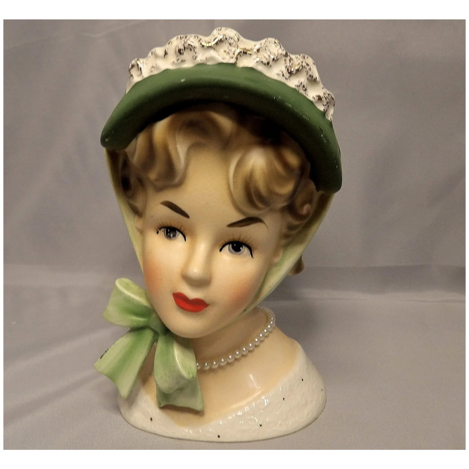 Brinns TV 726 7 1/4" Lady Head Vase Green Hat and Bow- "Pearl Necklace" - 2