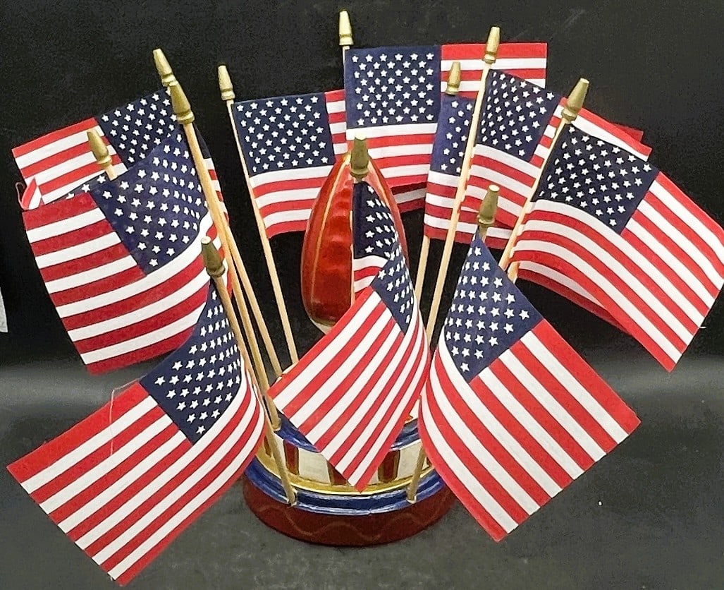 Folk Art Handmade Flag Holder and Flags Patriotic Artist Signed - 2