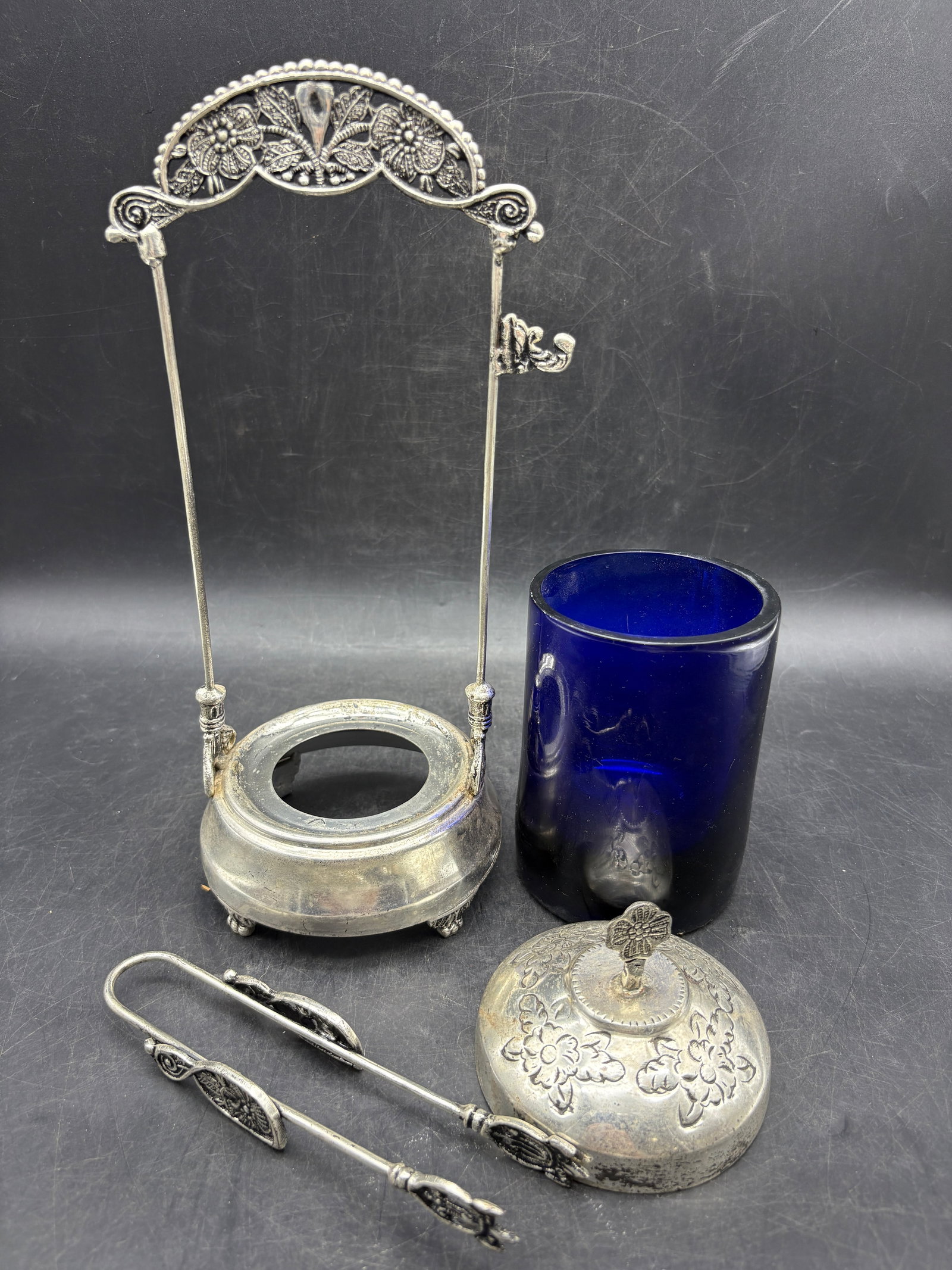 Antique Pickle Castor Cobalt Blue Glass Silverplate Frame w Tongs American c.1900 - 2