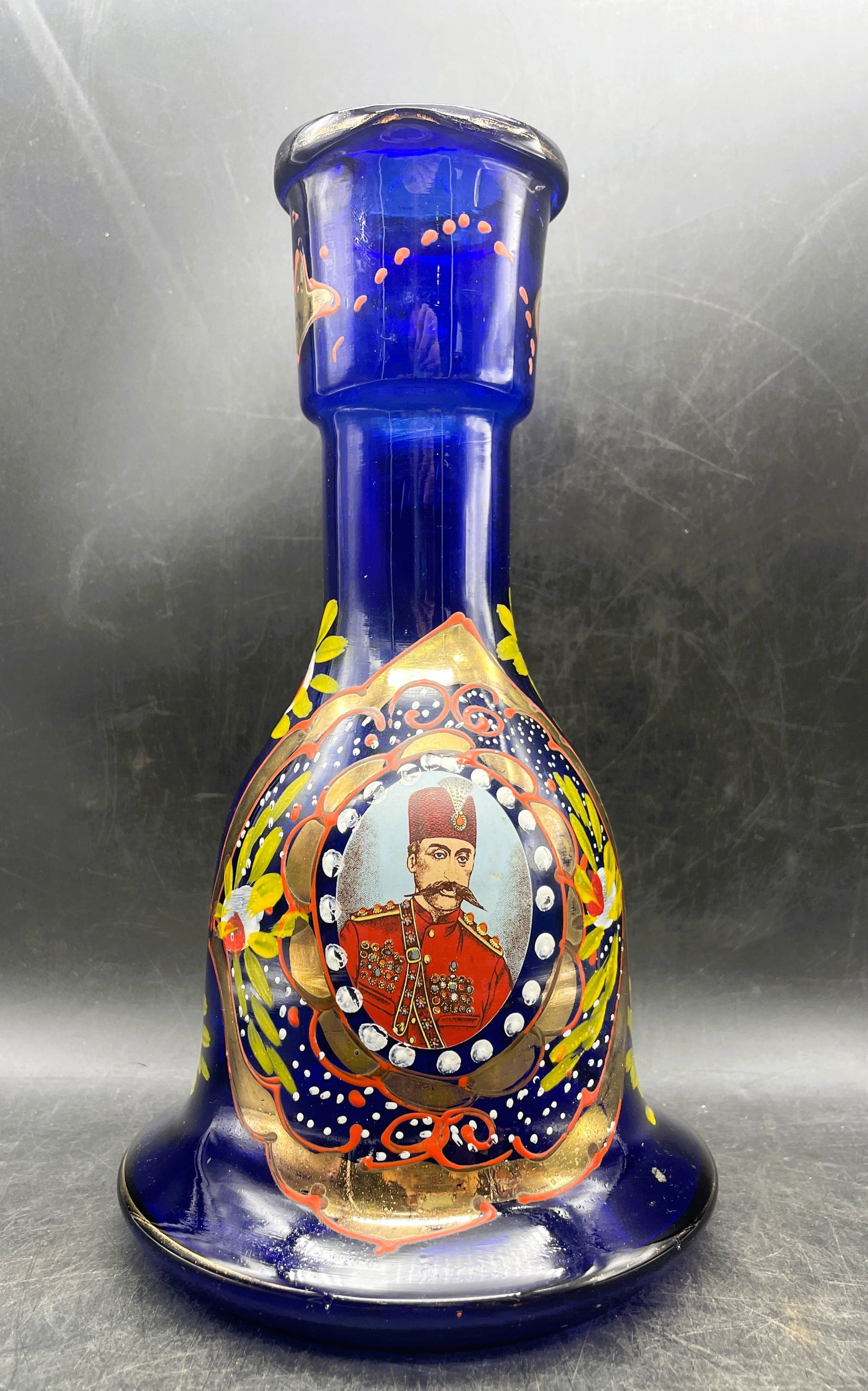 Persian Qajar Style Cobalt Blue Enameled Glass Hookah Base with Naser al-Din Shah Portrait - 2