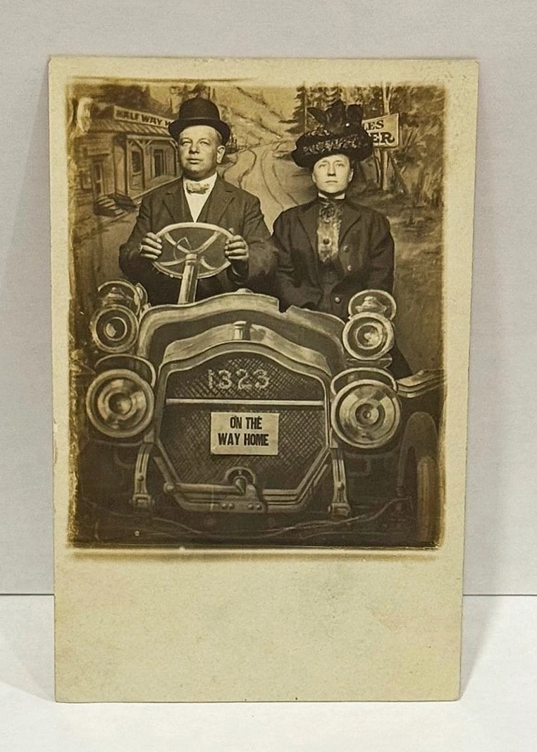 RPPC Real Photo postcard Studio Couple Car 'On The Way Home' Circa 1900 - 1909 - 2