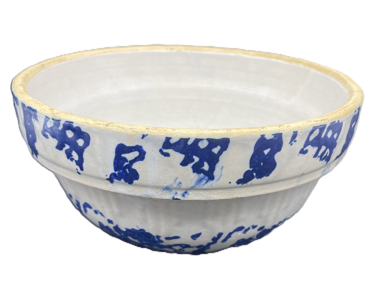 Antique Blue & White Spongeware Stoneware Salt Glazed Mixing Bowl Crock - 2