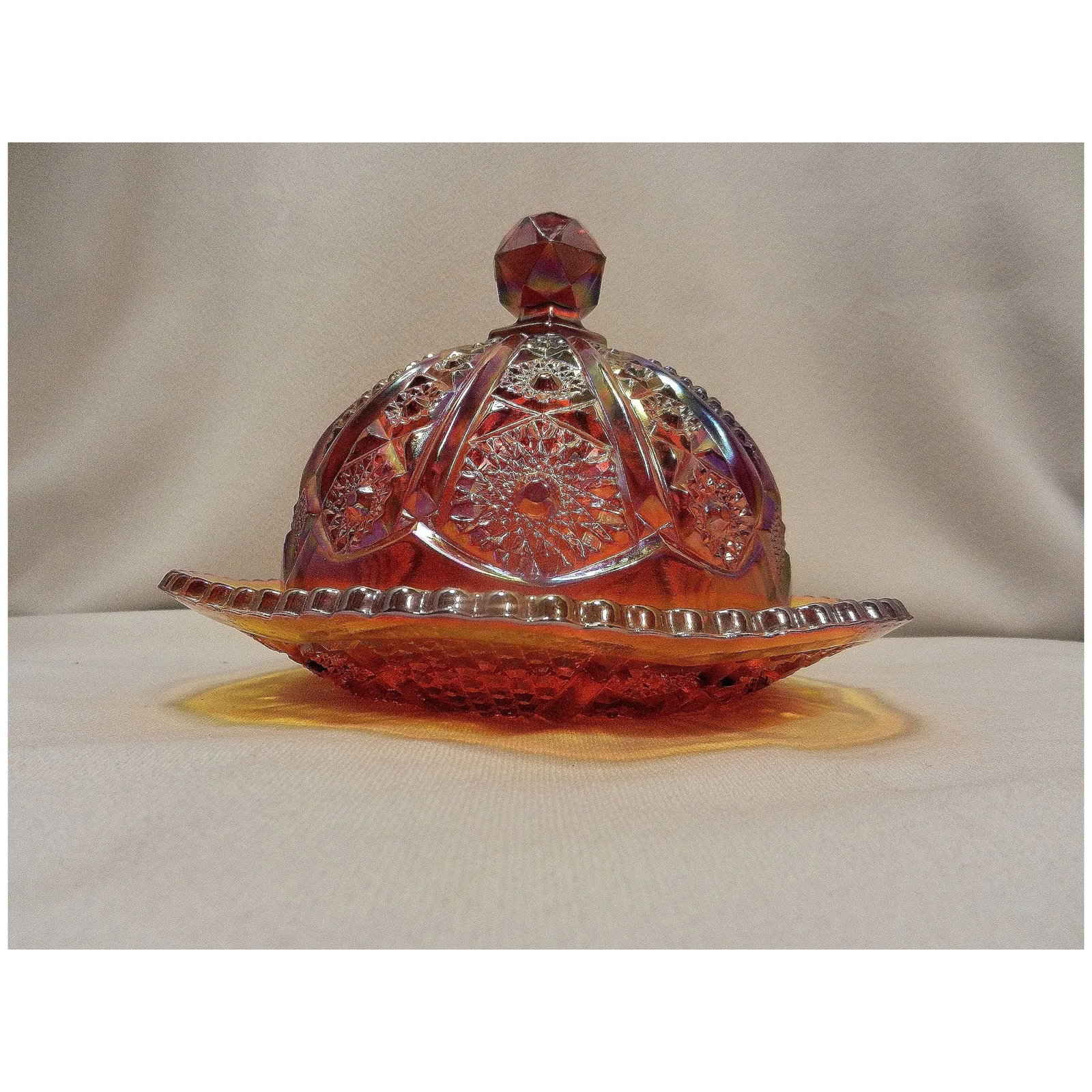 Imperial Glass Hobstar Amberina Carnival Glass Round Butter Dish Made in USA - 2