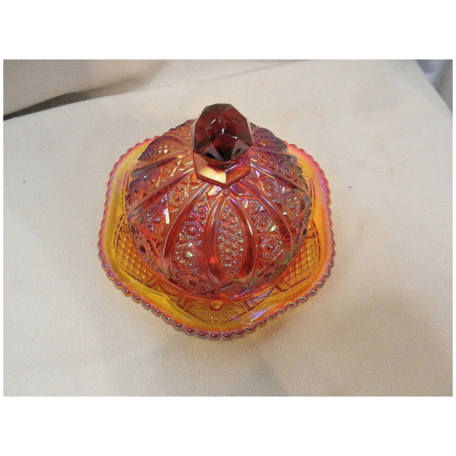 Imperial Glass Hobstar Amberina Carnival Glass Round Butter Dish Made in USA - 3