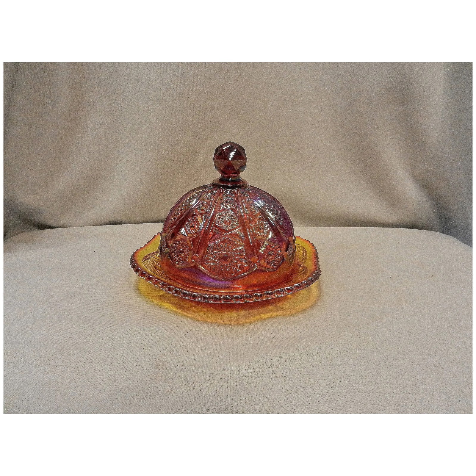 Imperial Glass Hobstar Amberina Carnival Glass Round Butter Dish Made in USA - 7