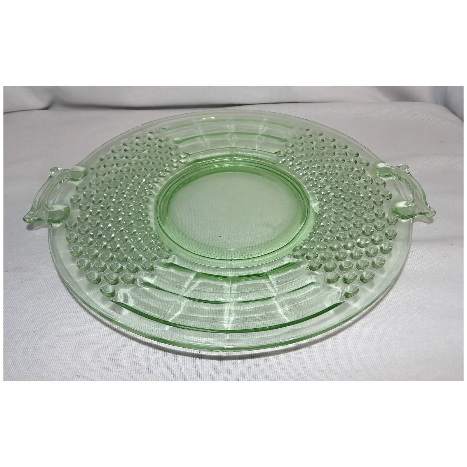 Liberty Works American Pioneer Footed Green Depression Glass Egg Harbor Plate with Handles - 3