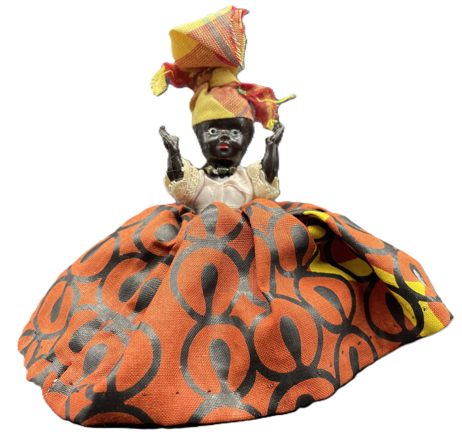 Vintage Black Americana Cloth Skirt Doll Figurine Pin Cushion Style Folk Art Figure - 2