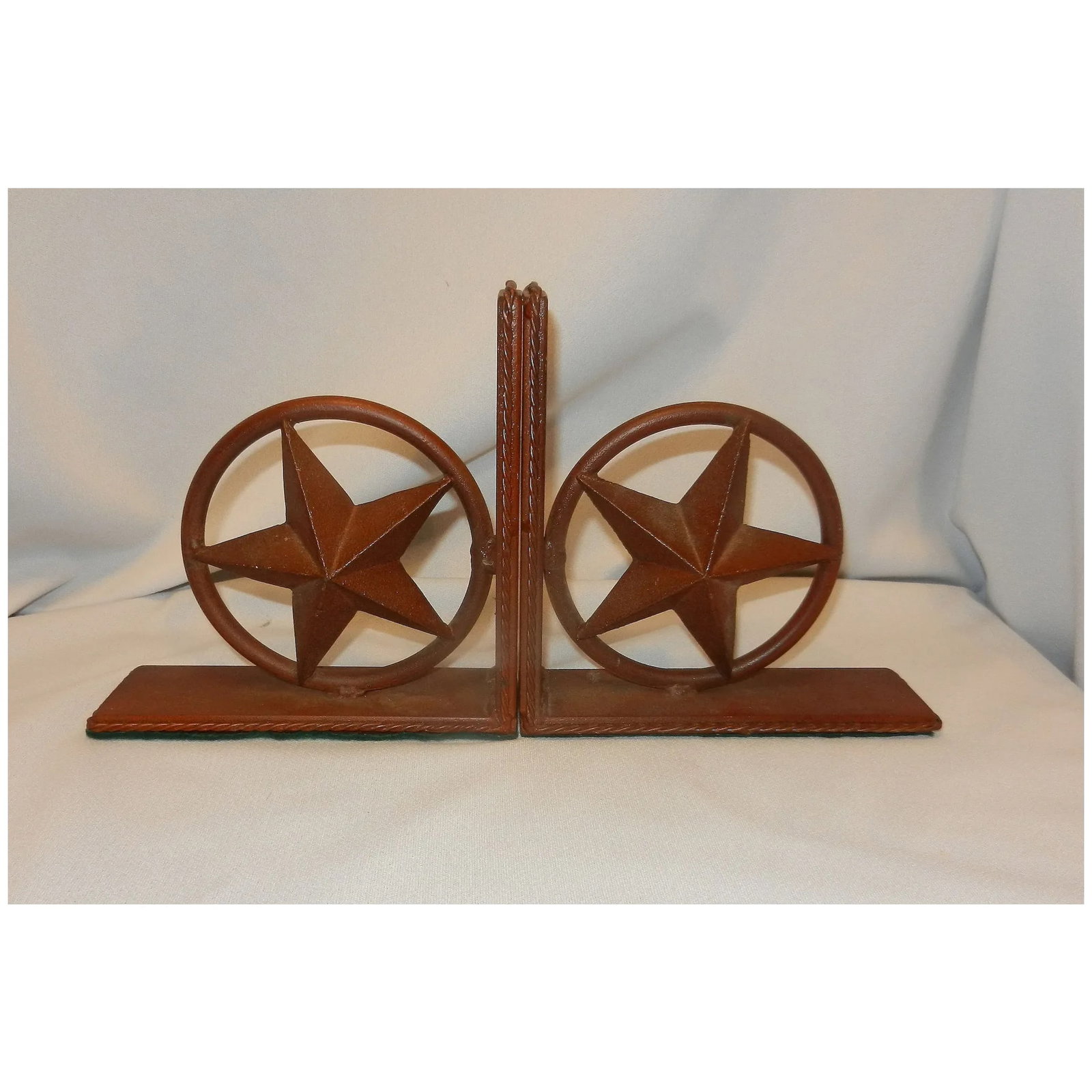 Iron Star-In-Circle Bookends With Braided Metal "Rope" Trim Detail - 2