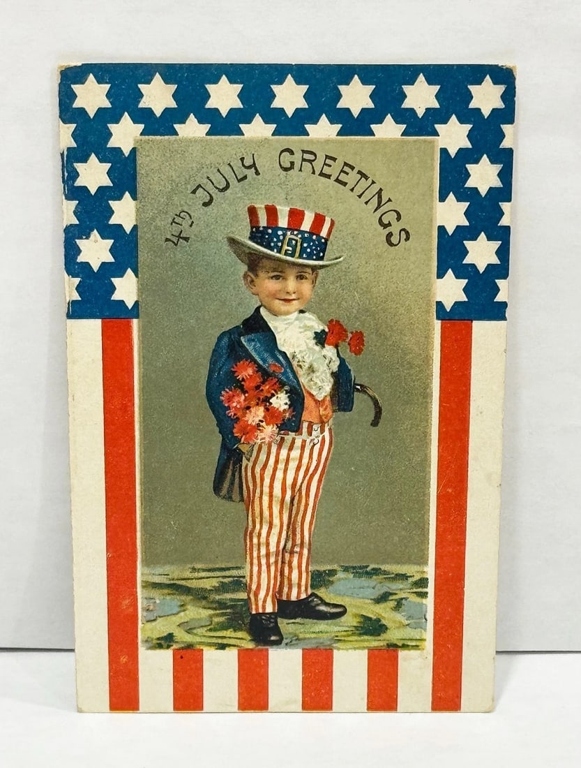 Patriotic Embossed Postcard 4th July Greetings Uncle Sam w Flowers 1900 - 2