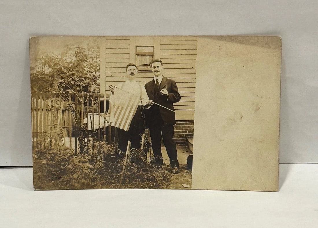 RPPC Real Photo Patriotic Postcard 2 men with a 45 Star American Flag 1909 - 2