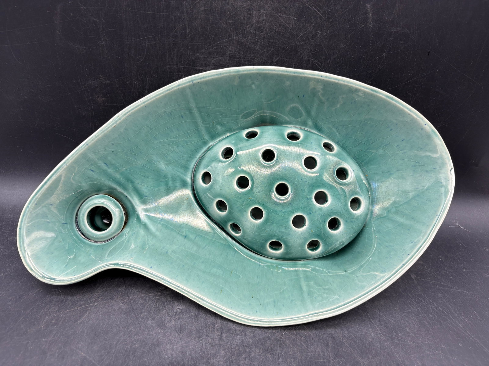 MCM BRUSH MCCOY TEAL FLOWER FROG & CANDLE HOLDER CONSOLE FOOTED CENTERPIECE BOWL - 2