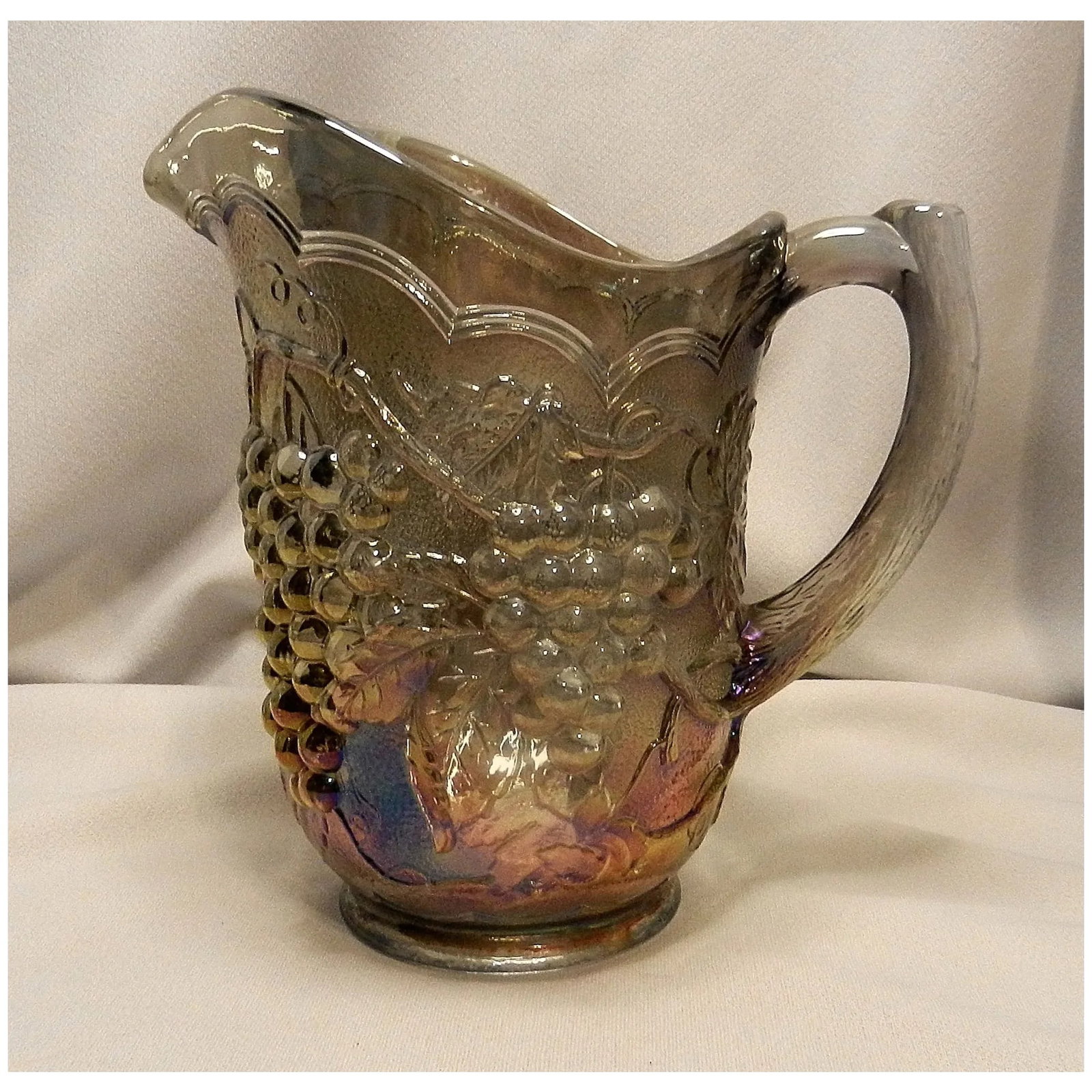 Vintage Imperial Glass Iridescent Peacock Smoke Grape Carnival Glass Pitcher - 2