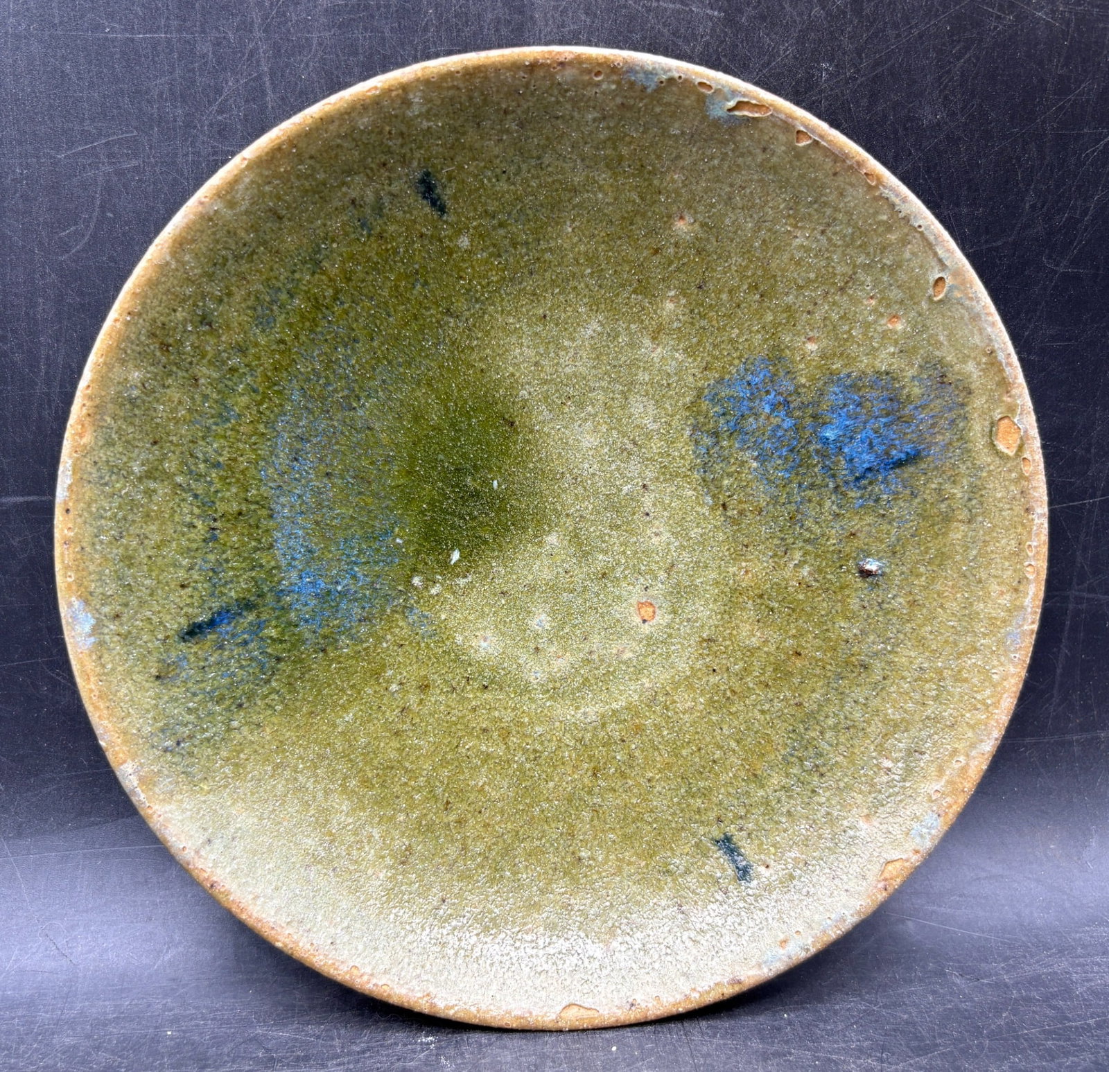 Signed Studio Pottery Centerpiece Bowl Green Blue Drip Glaze Ami Nami Amir 7in - 5