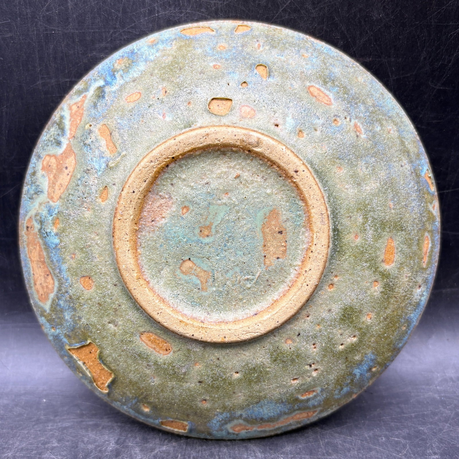 Signed Studio Pottery Centerpiece Bowl Green Blue Drip Glaze Ami Nami Amir 7in - 6