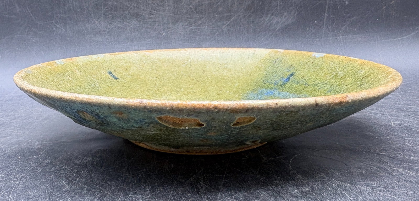 Signed Studio Pottery Centerpiece Bowl Green Blue Drip Glaze Ami Nami Amir 7in - 7