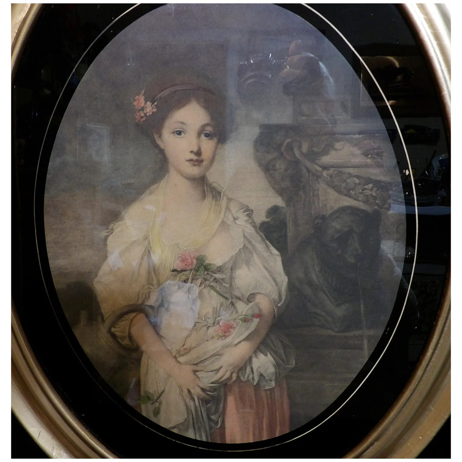 Antique Large Oval Gesso Frame with Reverse Painted Black Oval and English Print - 3