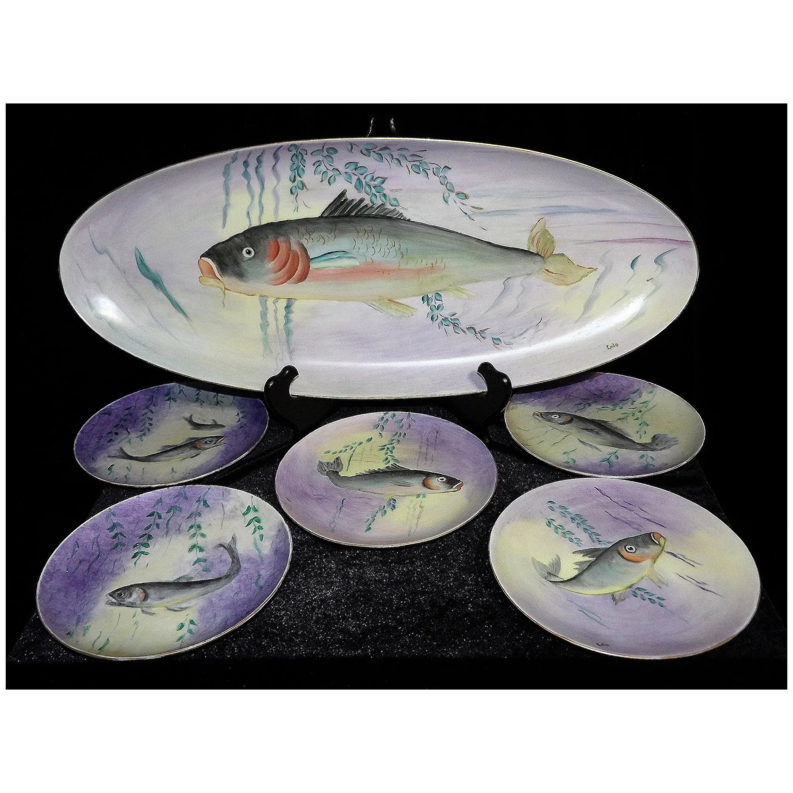 Vintage Hutschenreuther Selb Bavaria Germany Hand Painted Fish Platter & Plates Signed - 2