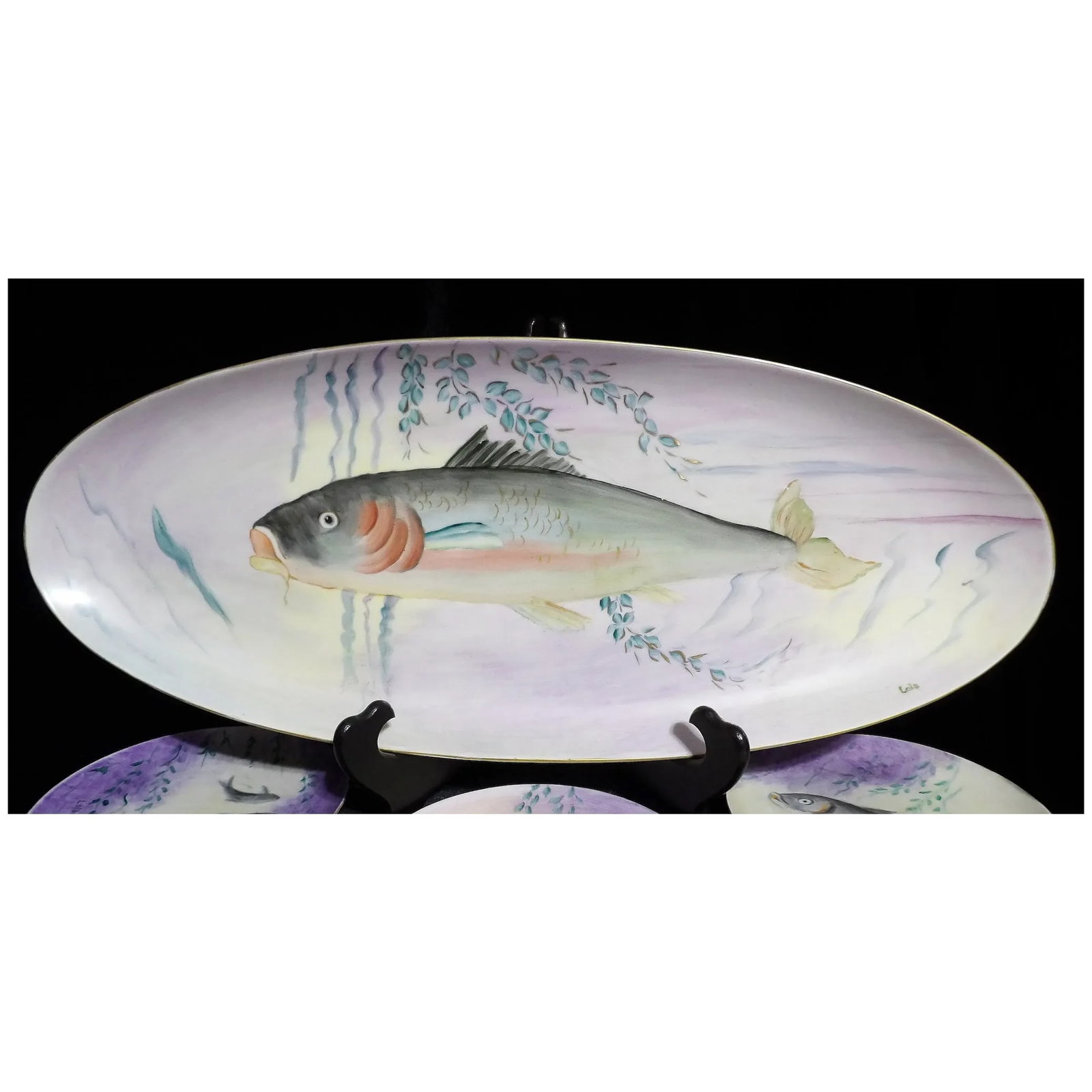 Vintage Hutschenreuther Selb Bavaria Germany Hand Painted Fish Platter & Plates Signed - 3