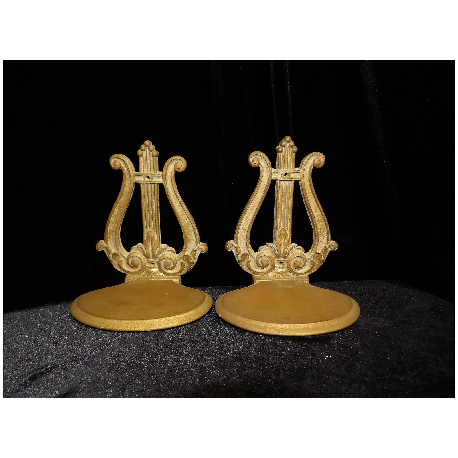 Vintage set of 2 Syroco Wood Lyre Harp Shaped Wall Shelves - 2